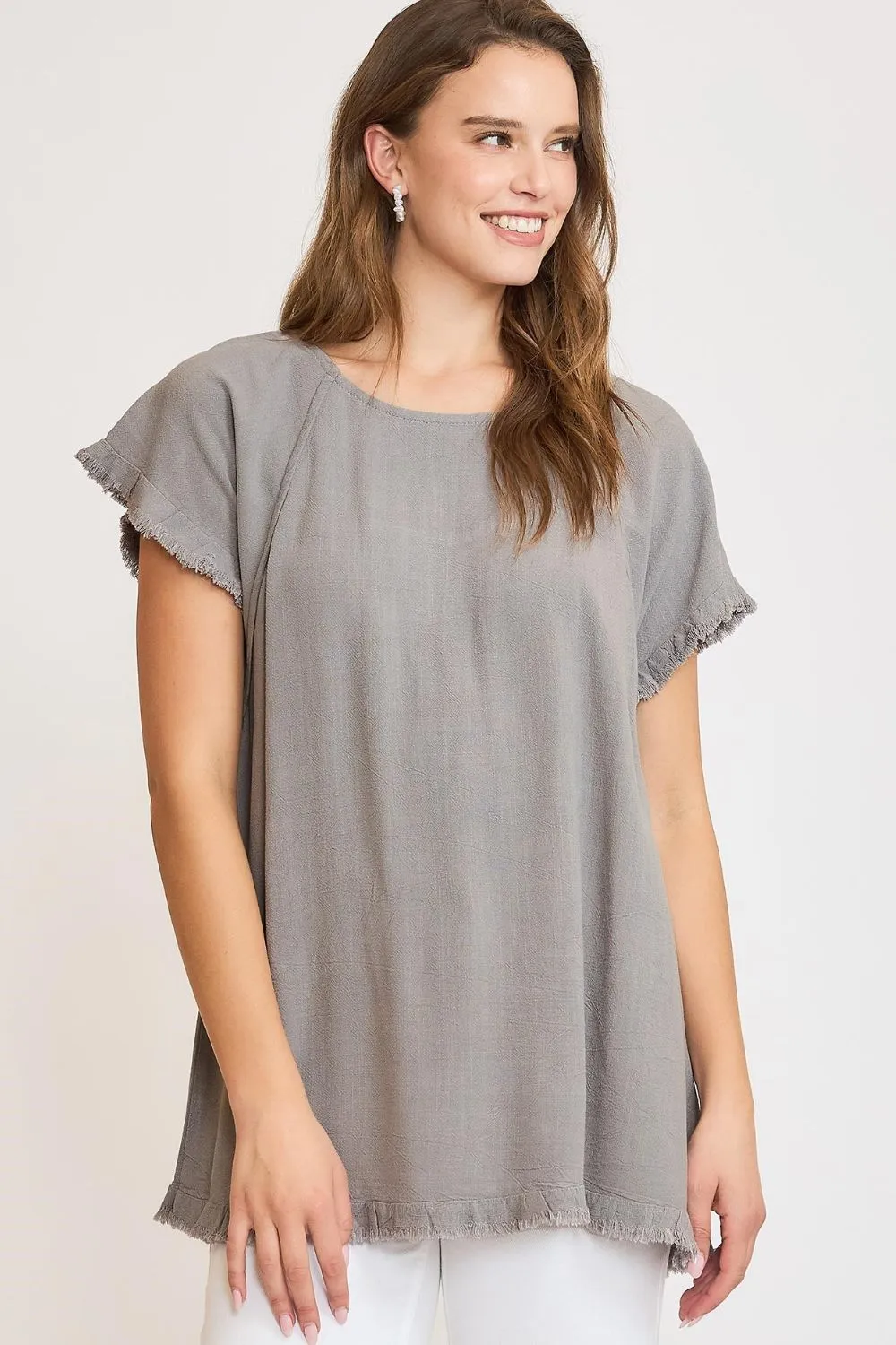 Full Size Seam Detail Linen Ruffle Fringe Edge Top Plus Size