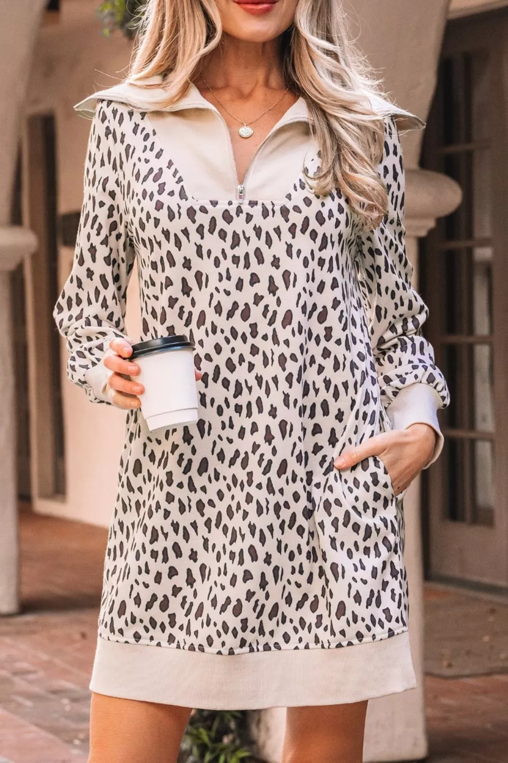 Leopard Print Zip up Collar Patchwork Shift Mini Dress