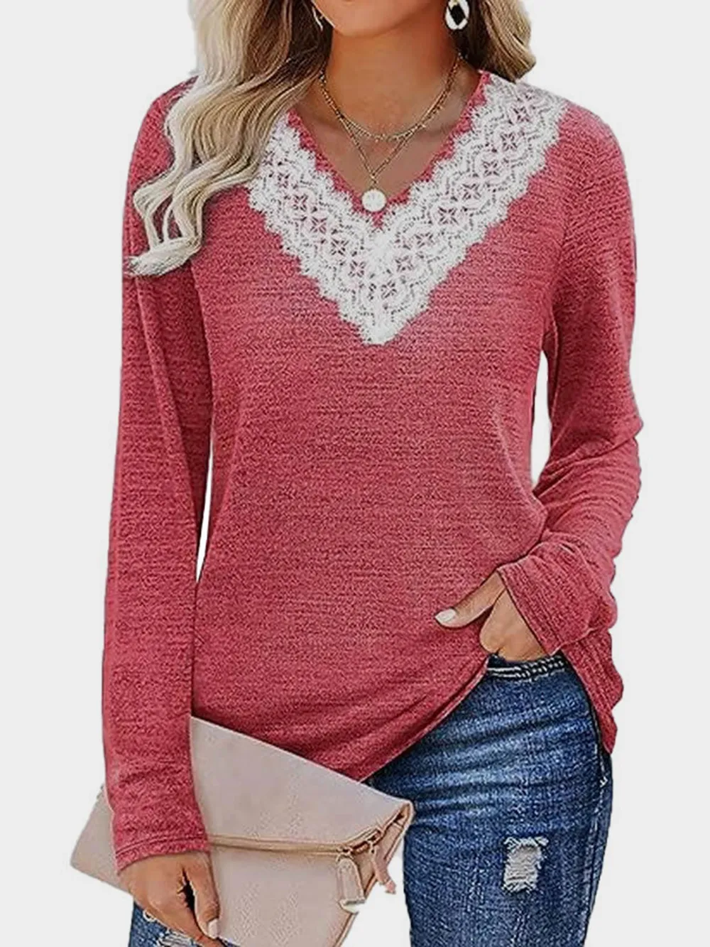 Lace Detail V-Neck Long Sleeve T-Shirt, image 4