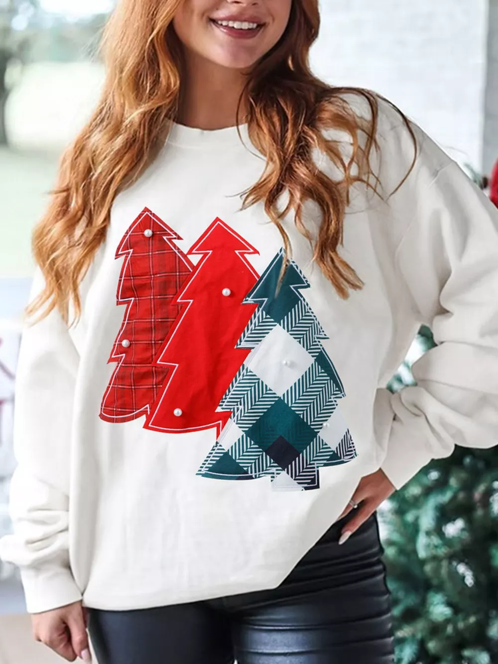 Pearl Plaid Christmas Tree Patched Drop Shoulder Sweatshirt, image 4