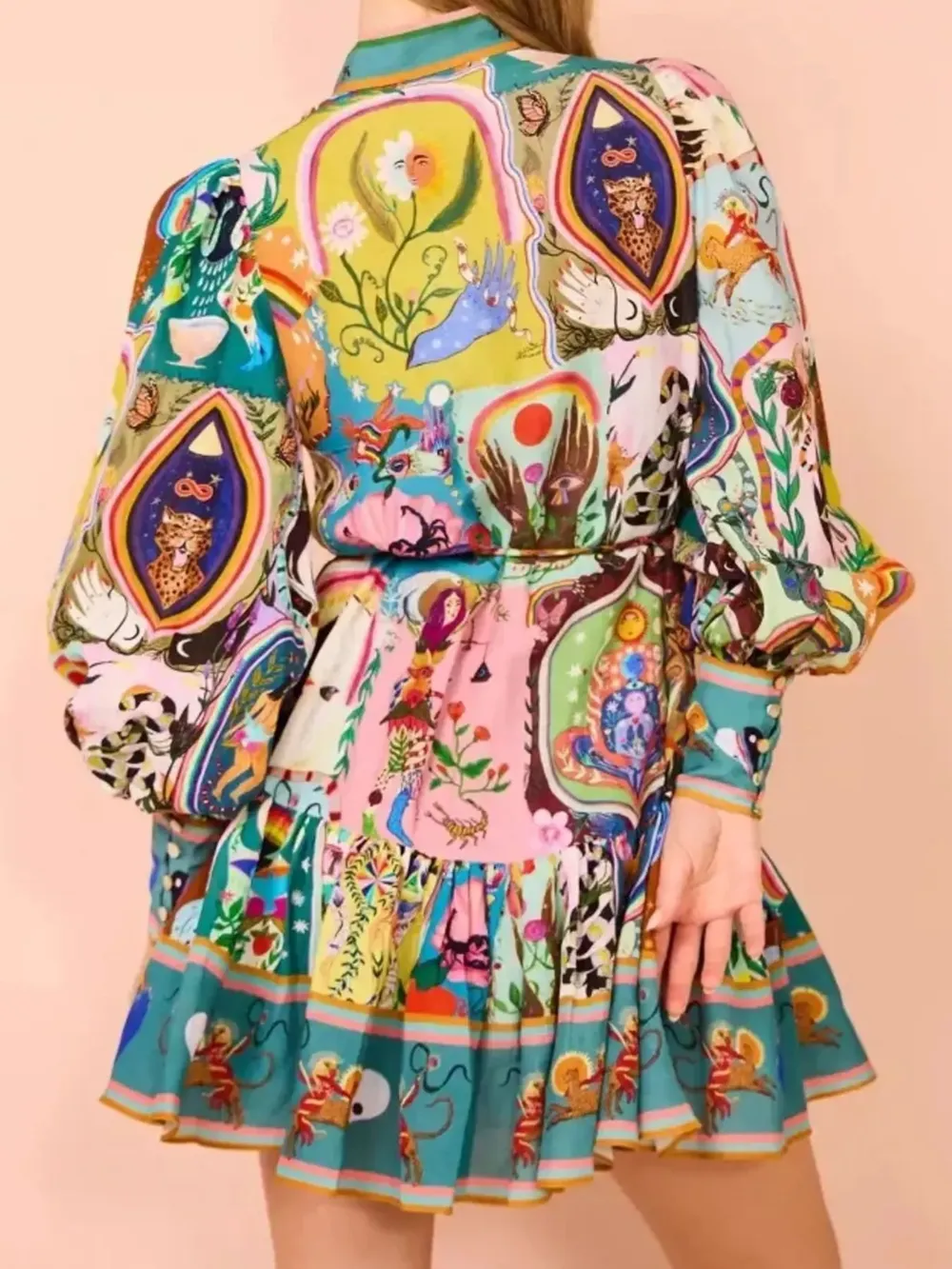 Printed Long Sleeve Mini Dress with Belt, image 3