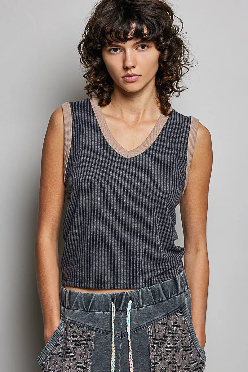 V-Neck Contrast Ribbed Sleeveless Tank