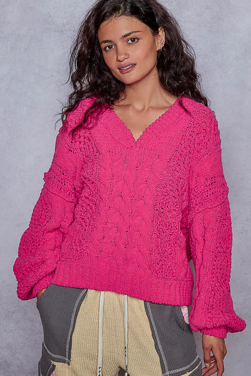 Cable-Knit Solid V-Neck Cropped Sweater, image 9
