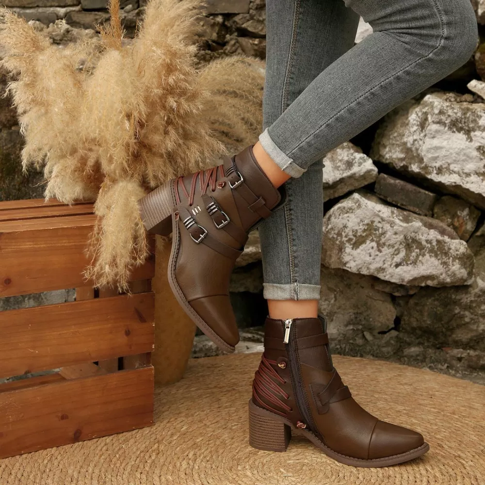 Point Toe Buckle Strap Ankle Boots with Block Heels, image 4