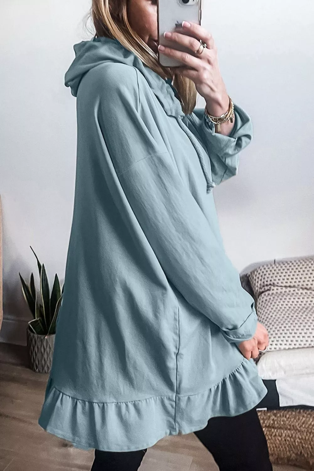 Solid Ruffled Hem Loose Fit Tunic Hoodie, image 3
