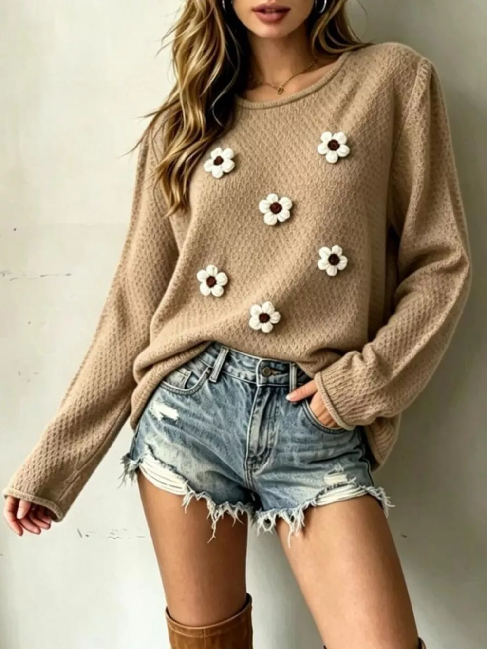 Full Size Floral Applique Textured Knit Sweater Plus Size