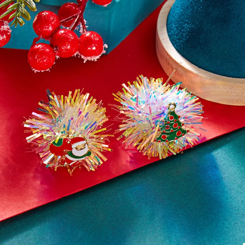 Christmas Asymmetrical Tinsel Ball Earrings, image 9