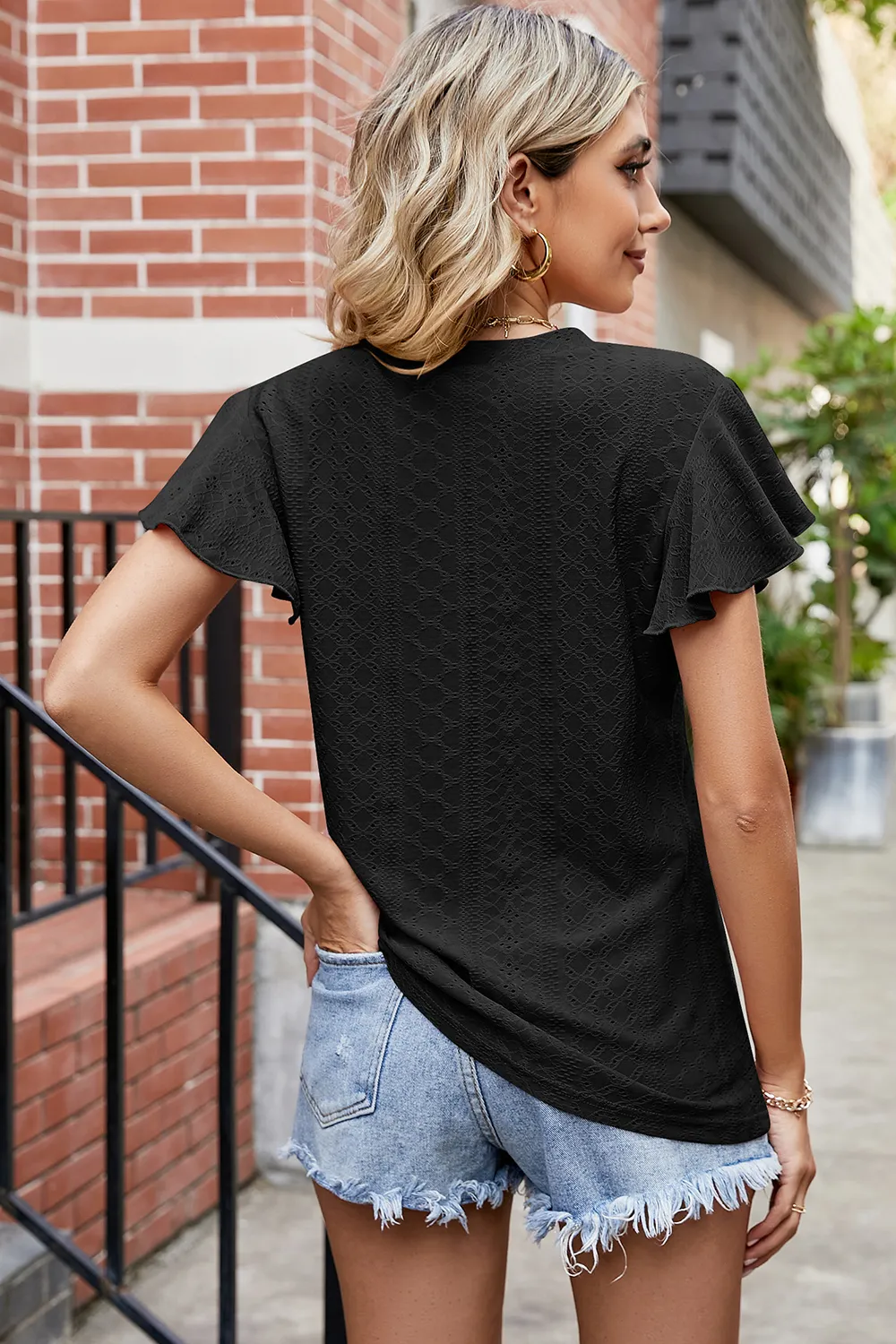 Eyelet V-Neck Flutter Sleeve T-Shirt, image 8