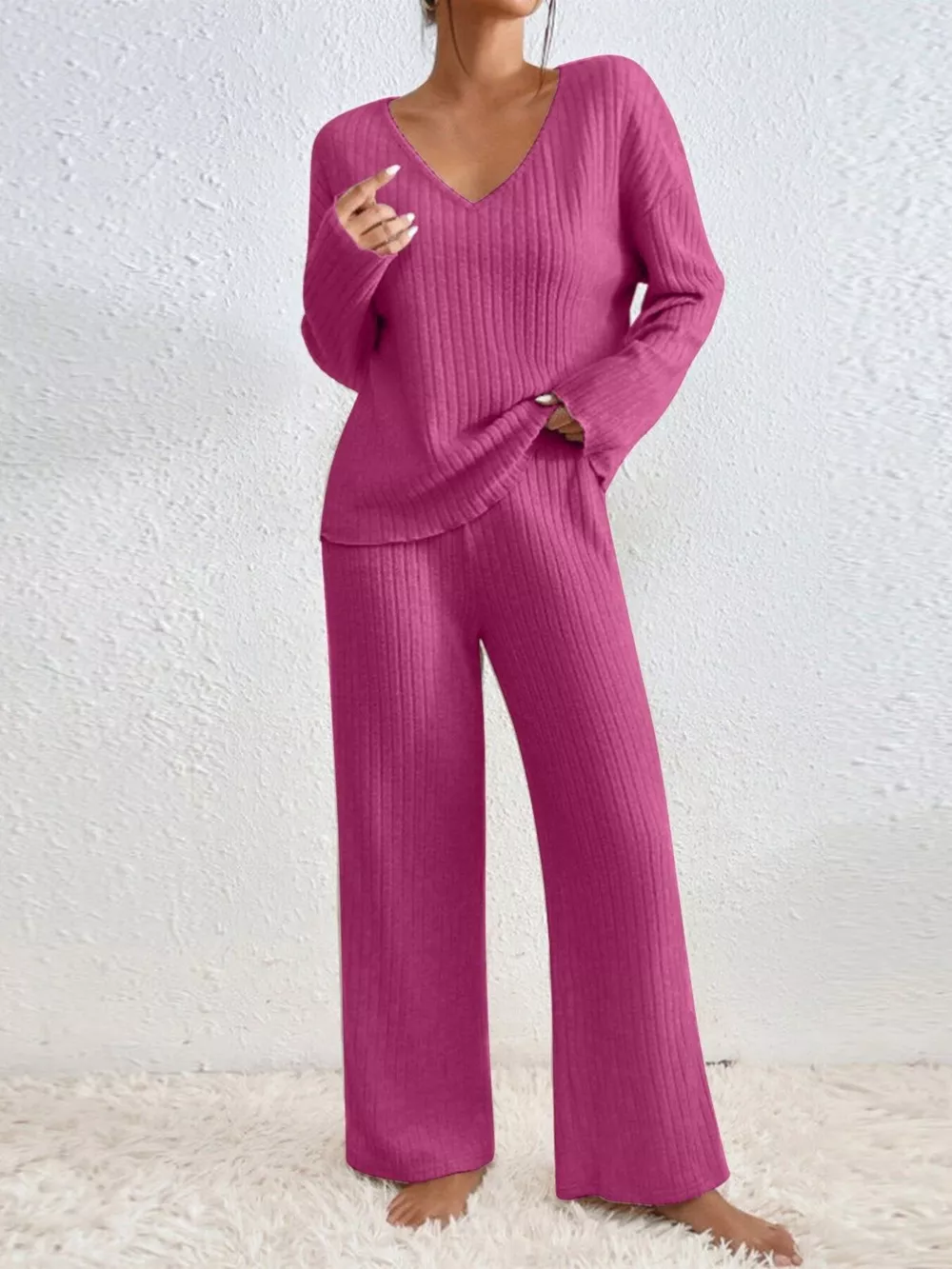 Ribbed V-Neck Top and Pants Set, image 6