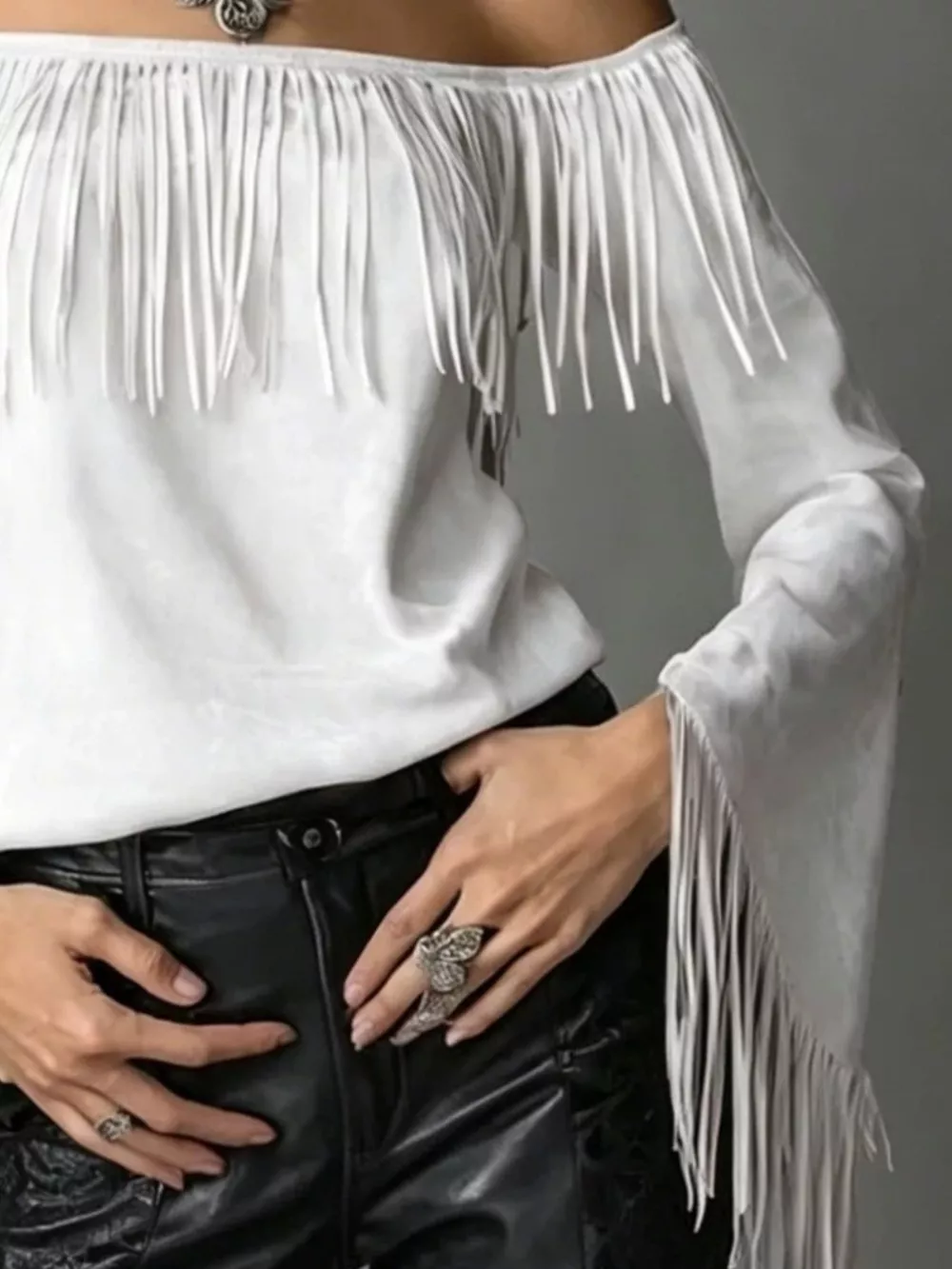 Boho Chic Off-Shoulder Fringed Suede Top, image 14