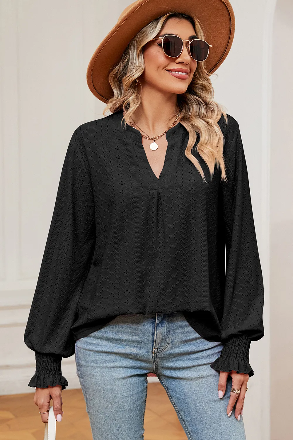 Eyelet Notched Long Sleeve T-Shirt, image 14