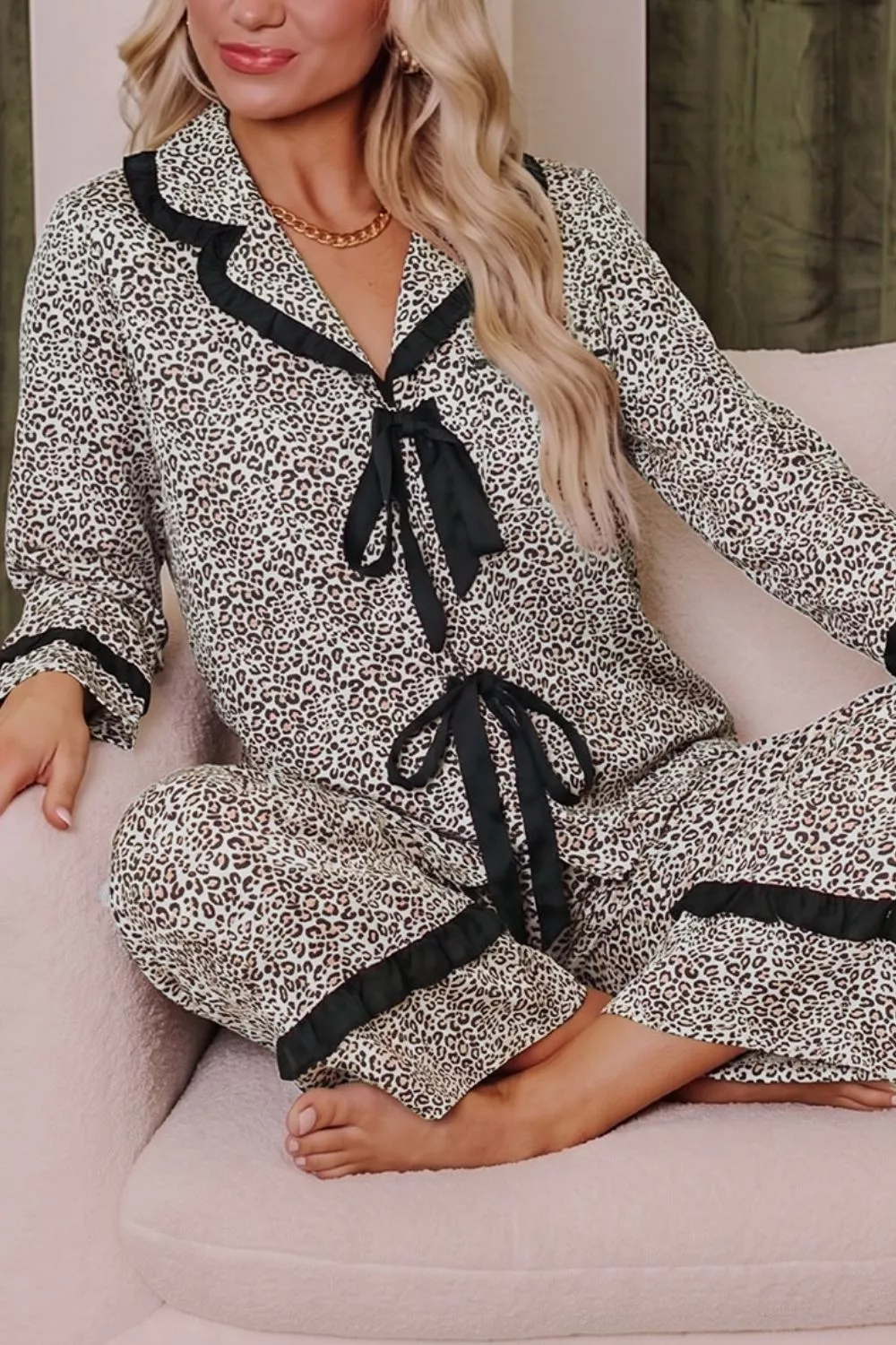 Leopard Print Bow Knot Patchwork Long Sleeve Lounge Set, image 3