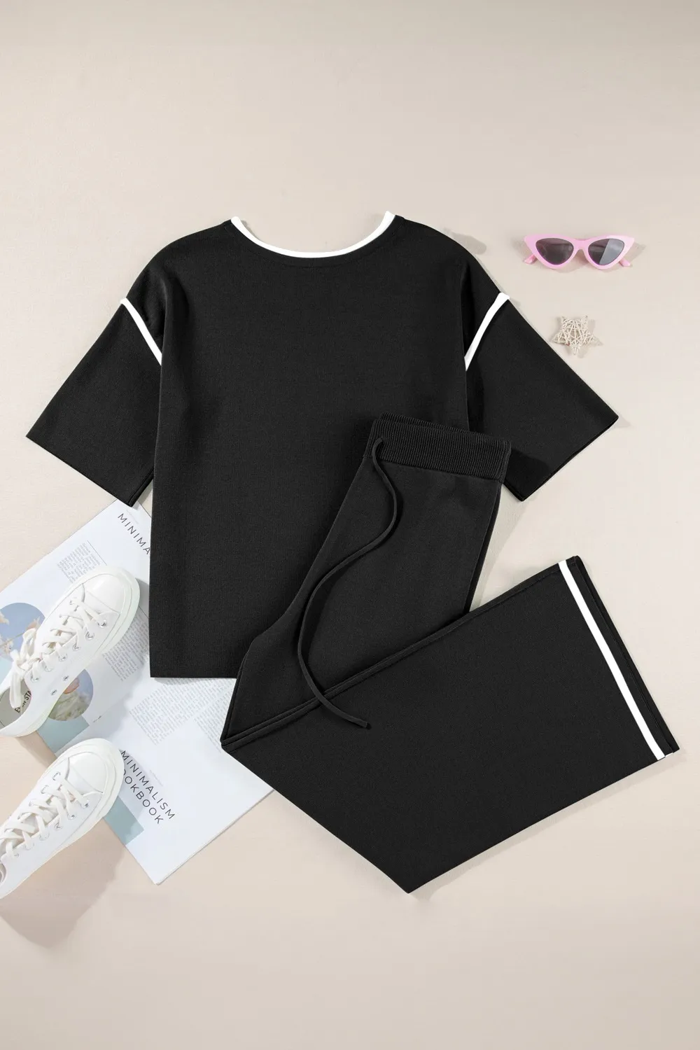 Contrast Trim Round Neck Top and Pants Set, image 15