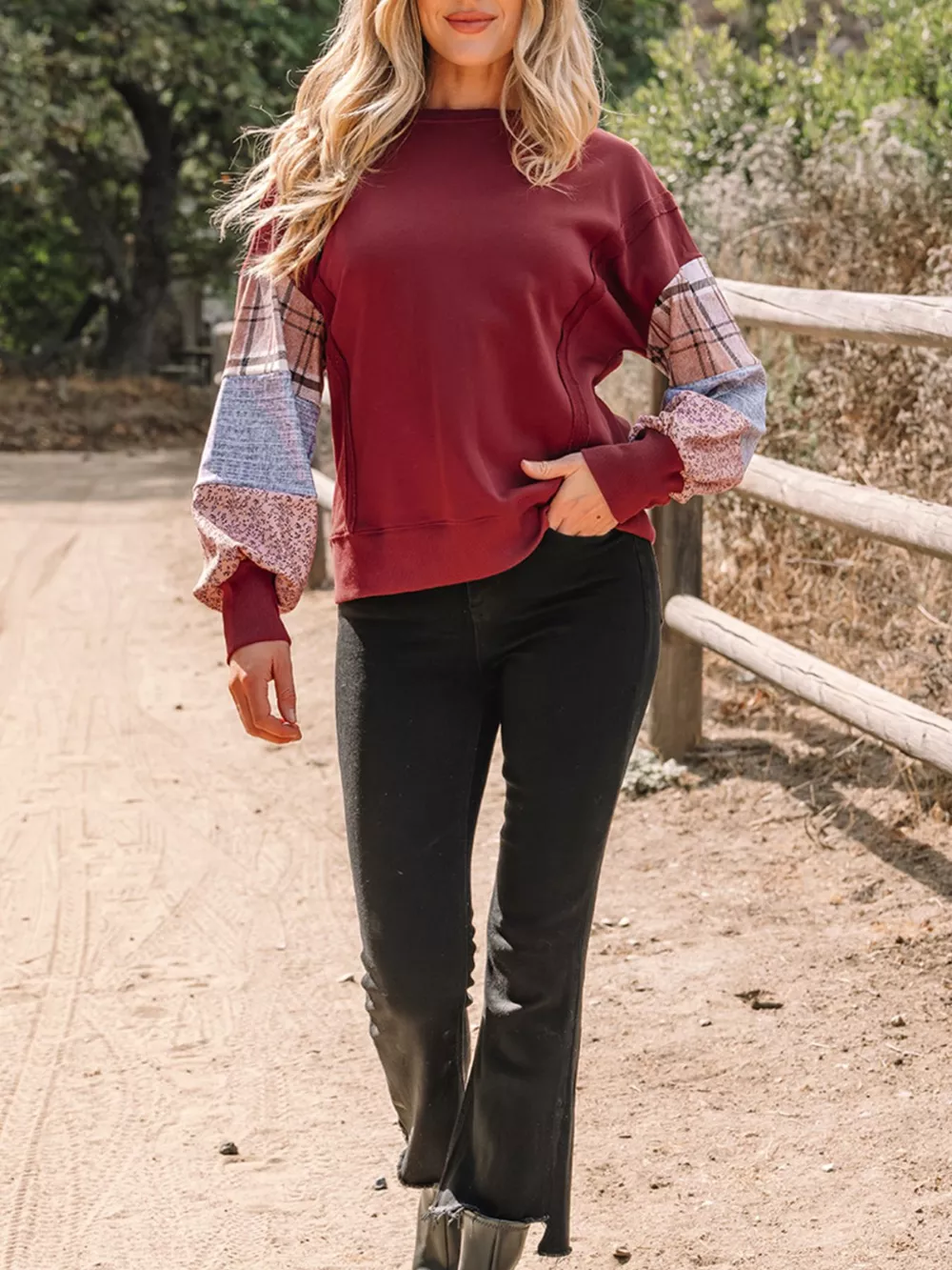 Plaid Colorblock Patchwork Sleeve Raw Seam Sweatshirt, image 6