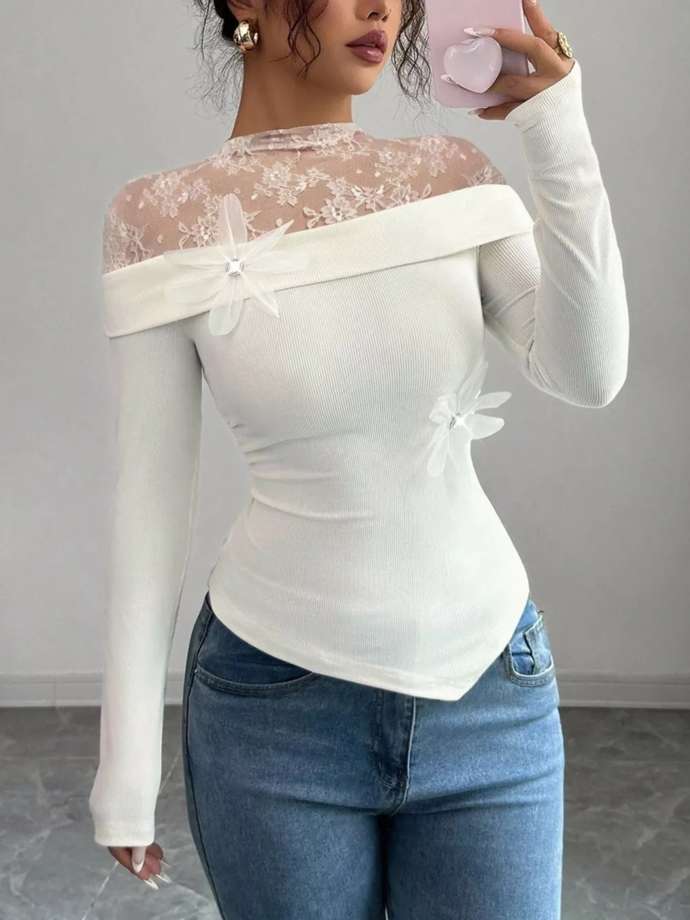 Lace Detail Long Sleeve Top, image 3