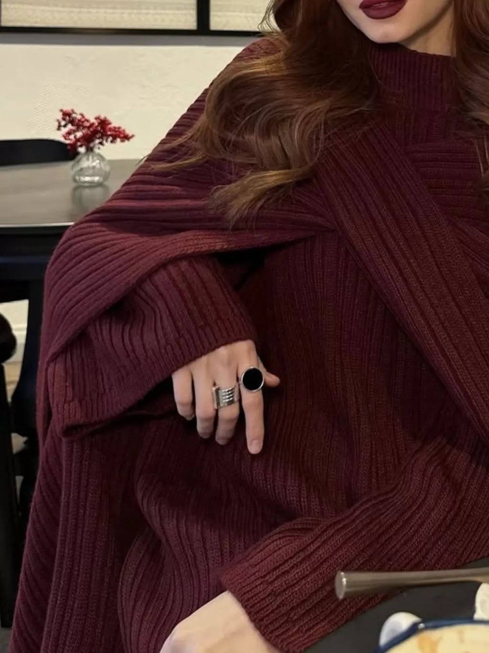 3-Piece Crew Neck Ribbed Sweater and Wide-Leg Pants Set with Scarf, image 20