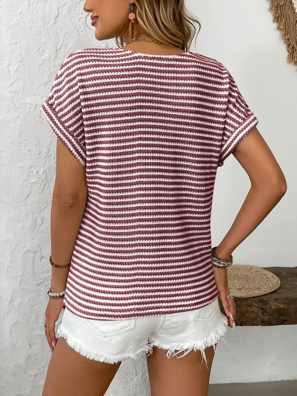 Striped V-Neck Short Sleeve T-Shirt, image 14