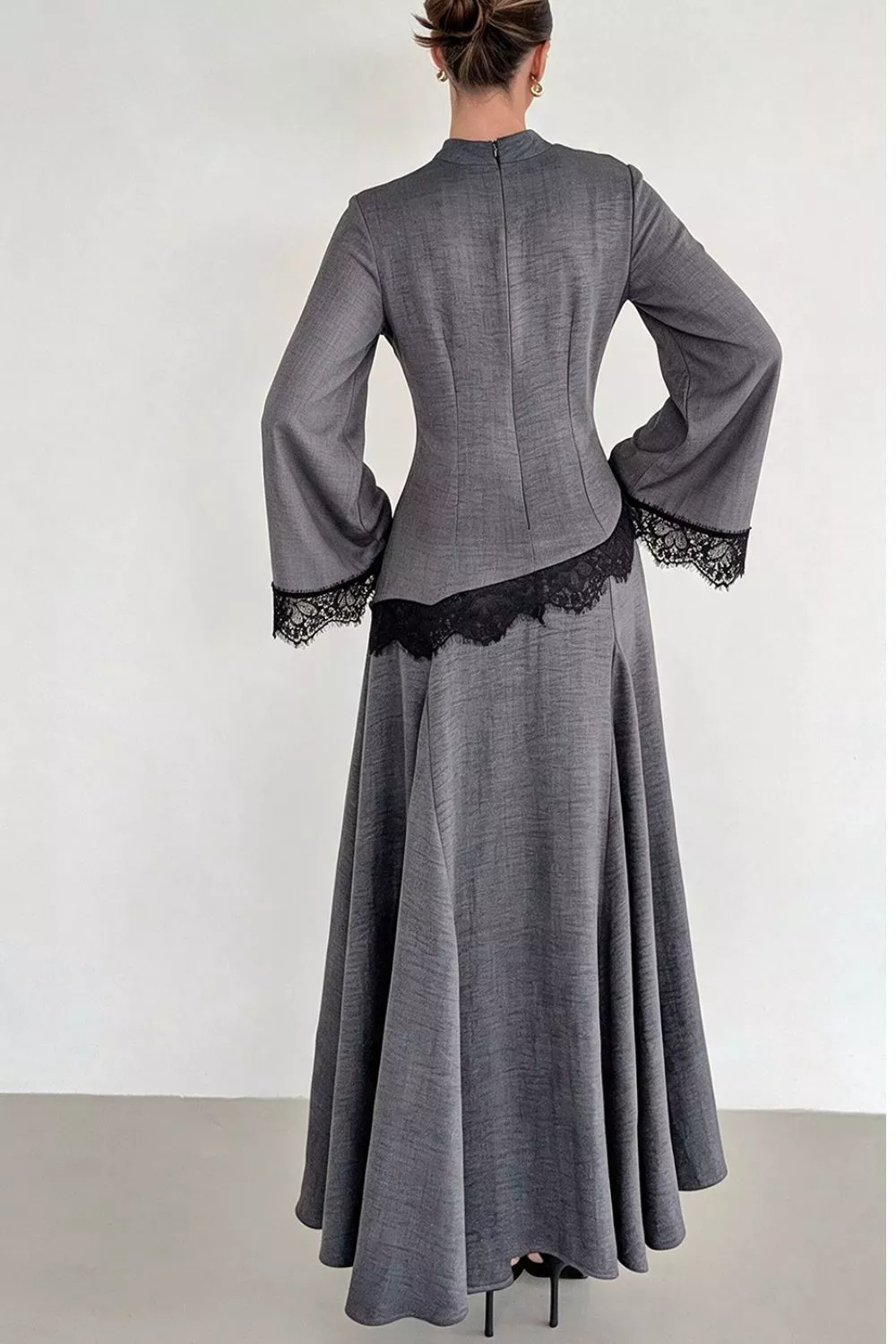 Lace Detail Mock Neck Top and Skirt Set, image 2