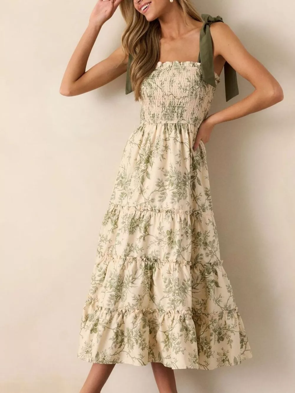 Floral Print Tiered Midi Dress with Tie Straps, image 4