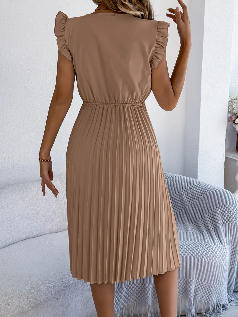 Lace Detail Ruffled Cap Sleeve Pleated Dress, image 8
