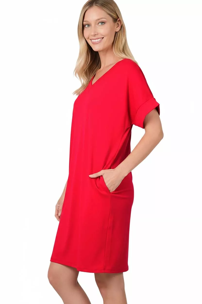 Brushed Dty Rolled Short Sleeve V-Neck Dress, image 2