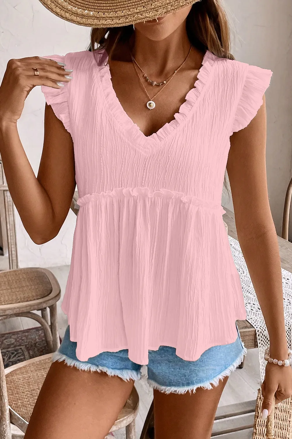 Ruffled Trim V Neck Flutter Flowy Top, image 13