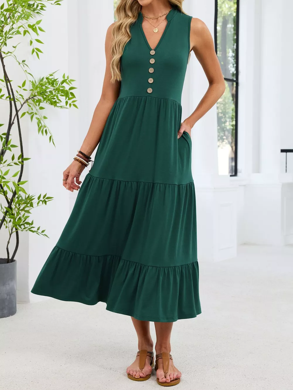 Sleeveless Notched Tiered Midi Dress, image 16