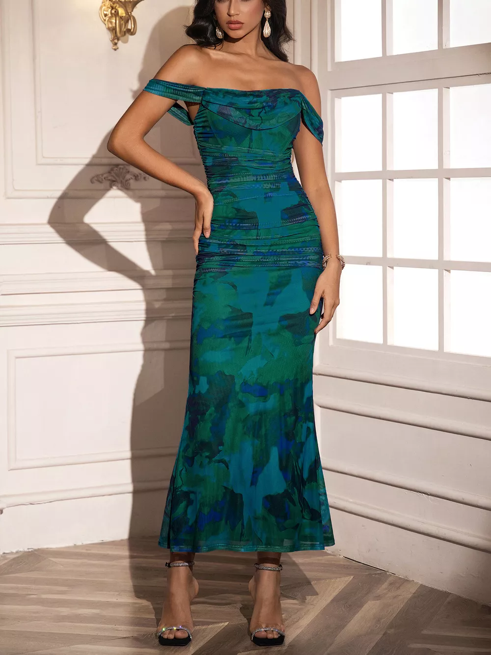 Off-Shoulder Ruched Floral Mermaid Dress, image 21
