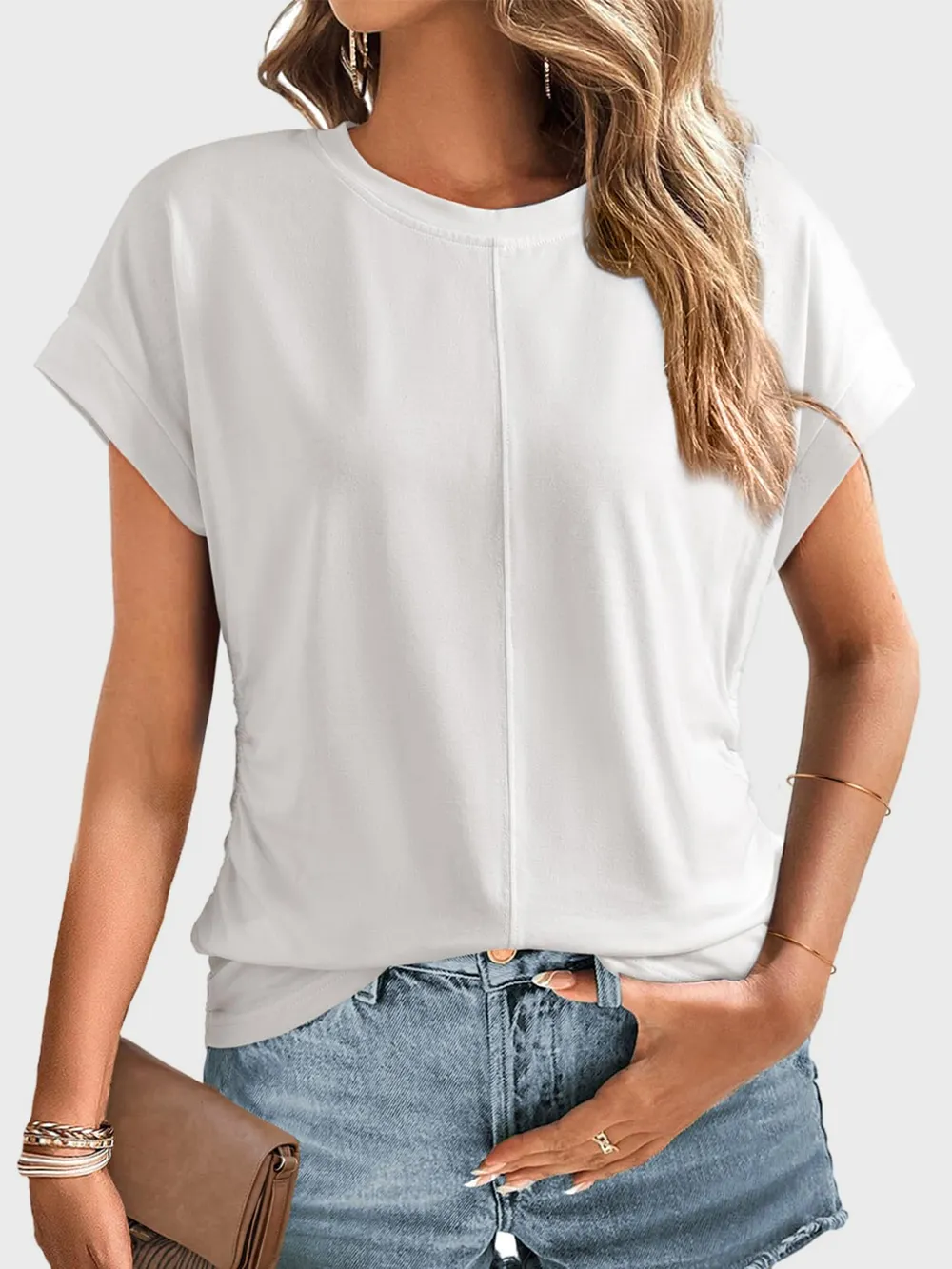 Ruched Round Neck Short Sleeve T-Shirt, image 10