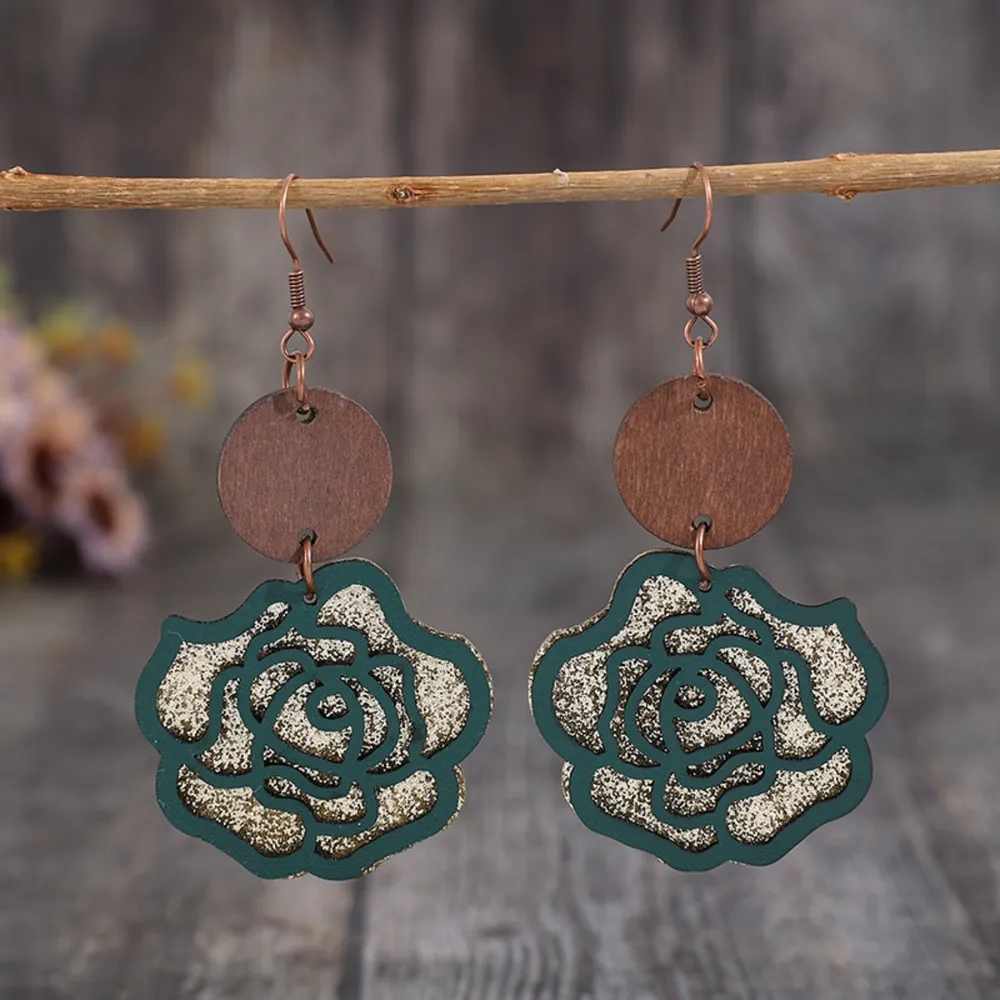 Wooden Alloy Rose Shape Dangle Earrings, image 5