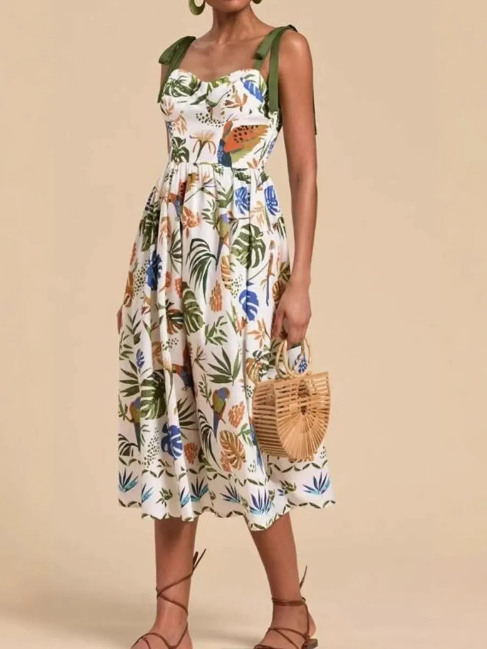 Tropical Print Tie-Shoulder Sweetheart Neck Midi Dress, image 2