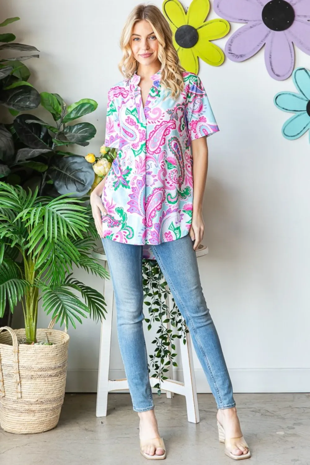 Full Size Paisley Print Short Sleeve Top, image 6