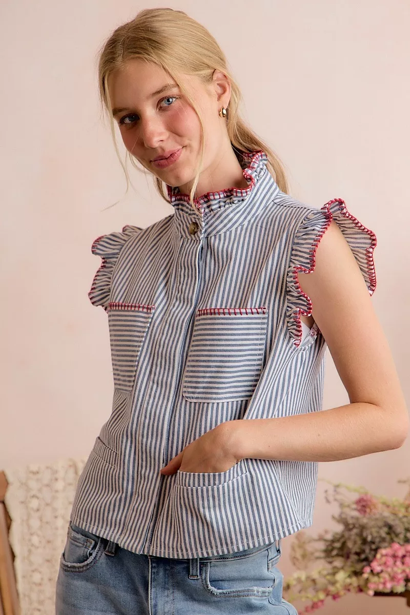 Stripe Twill Stitch Ruffled Hidden Button Vest Top, image 17