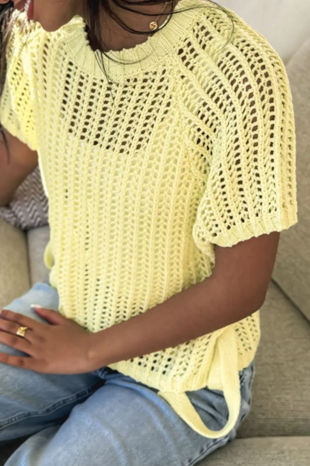 Hollow-out Crochet Side Tied Short Sleeve Knit Cover Up, image 9