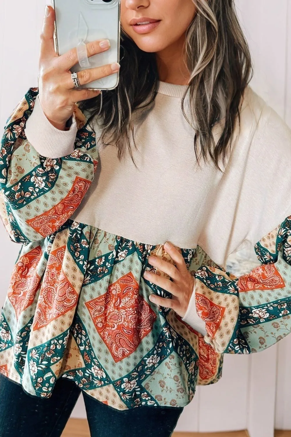 Printed Round Neck Long Sleeve Blouse, image 6