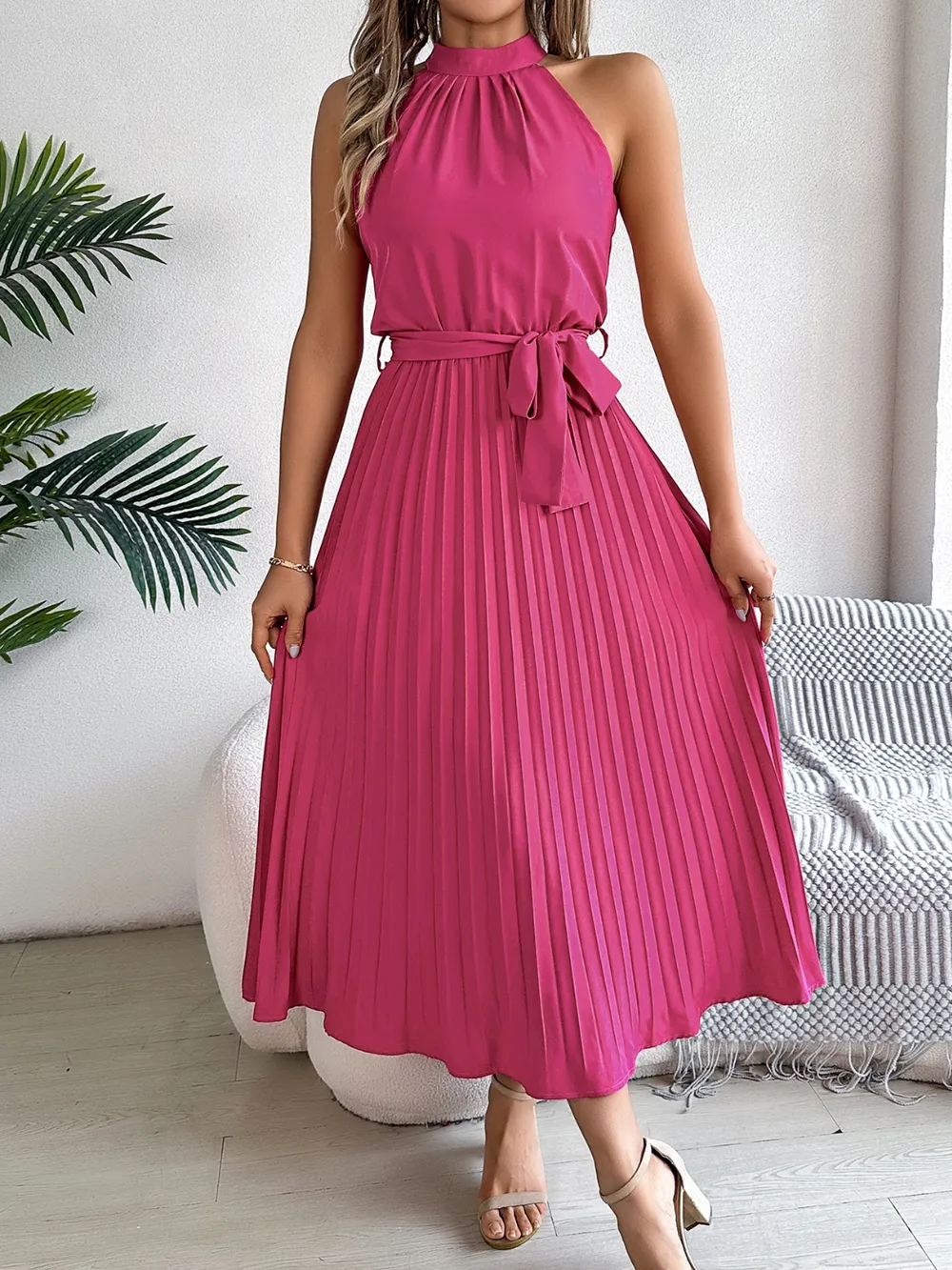 Pleated Tie Waist Sleeveless Midi Dress, image 12