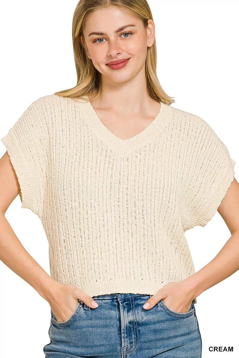 Textured Knit V-Neck Cropped Sweater