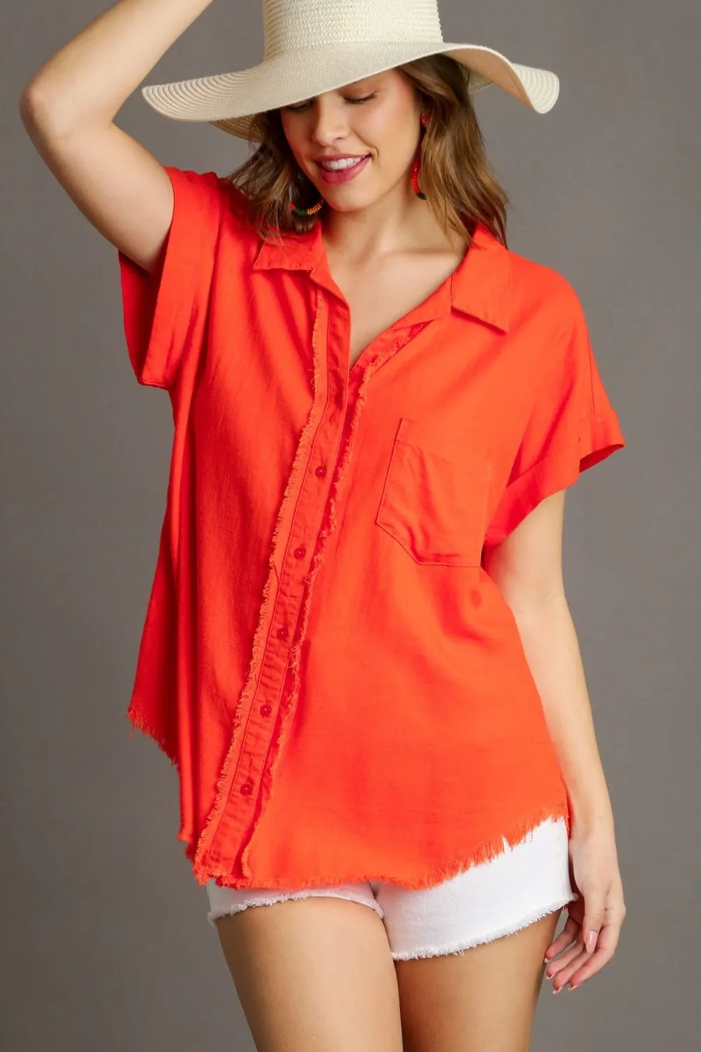 Full Size Linen Blend Button Down Short Folded Sleeve Shirt Plus Size