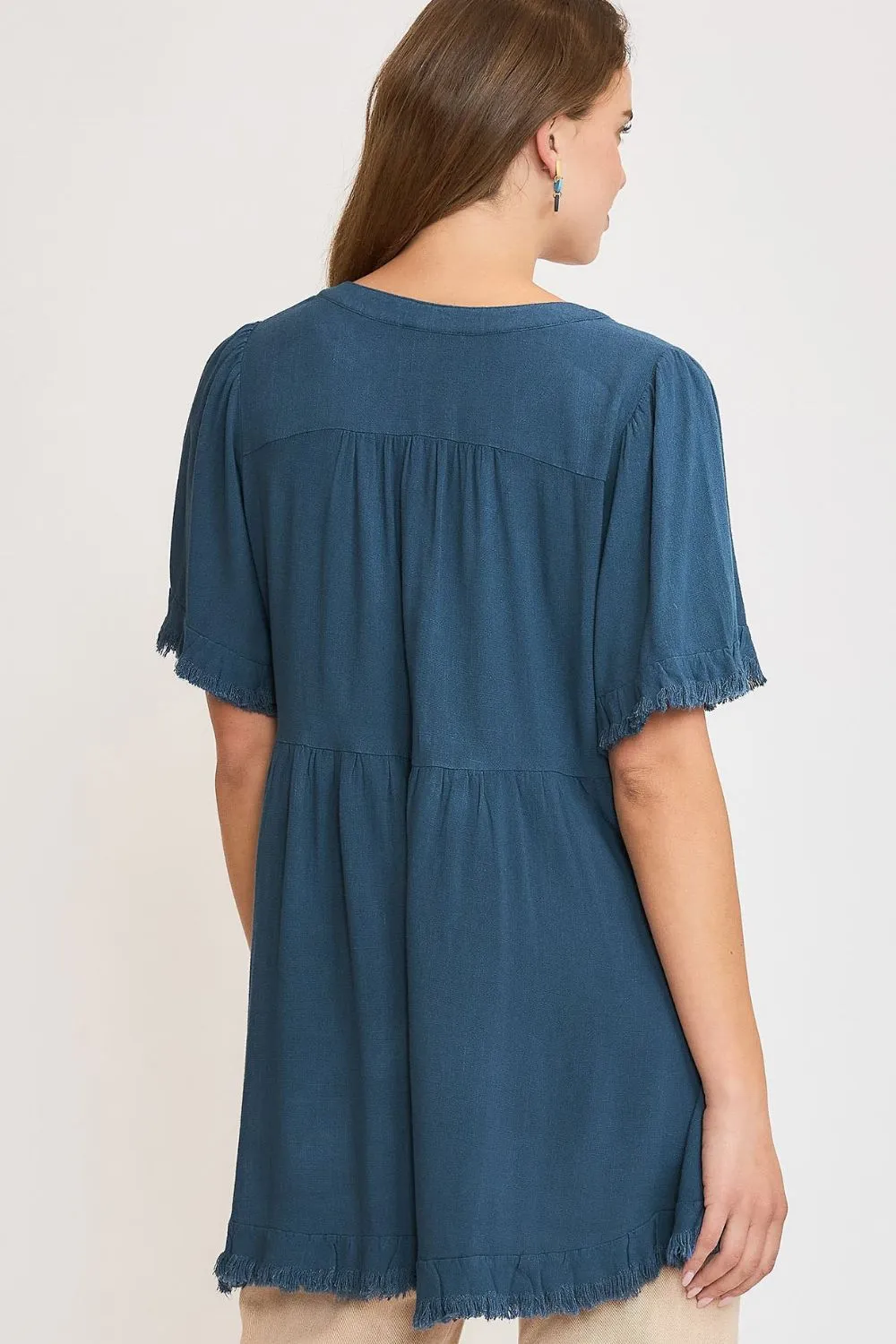 Full Size Raw Hem Notched Babydoll Linen Blouse Plus Size, image 3