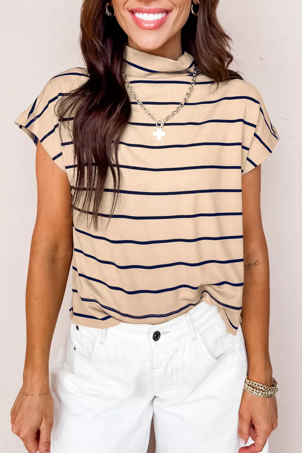 Stripe Mock Neck Short Sleeve Loose Top, image 2