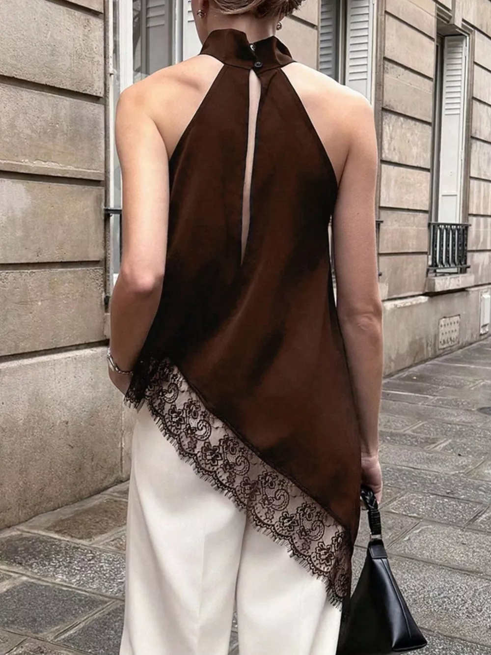 Polka Dot Lace Trim Asymmetrical Hem Sleeveless Blouse, image 6