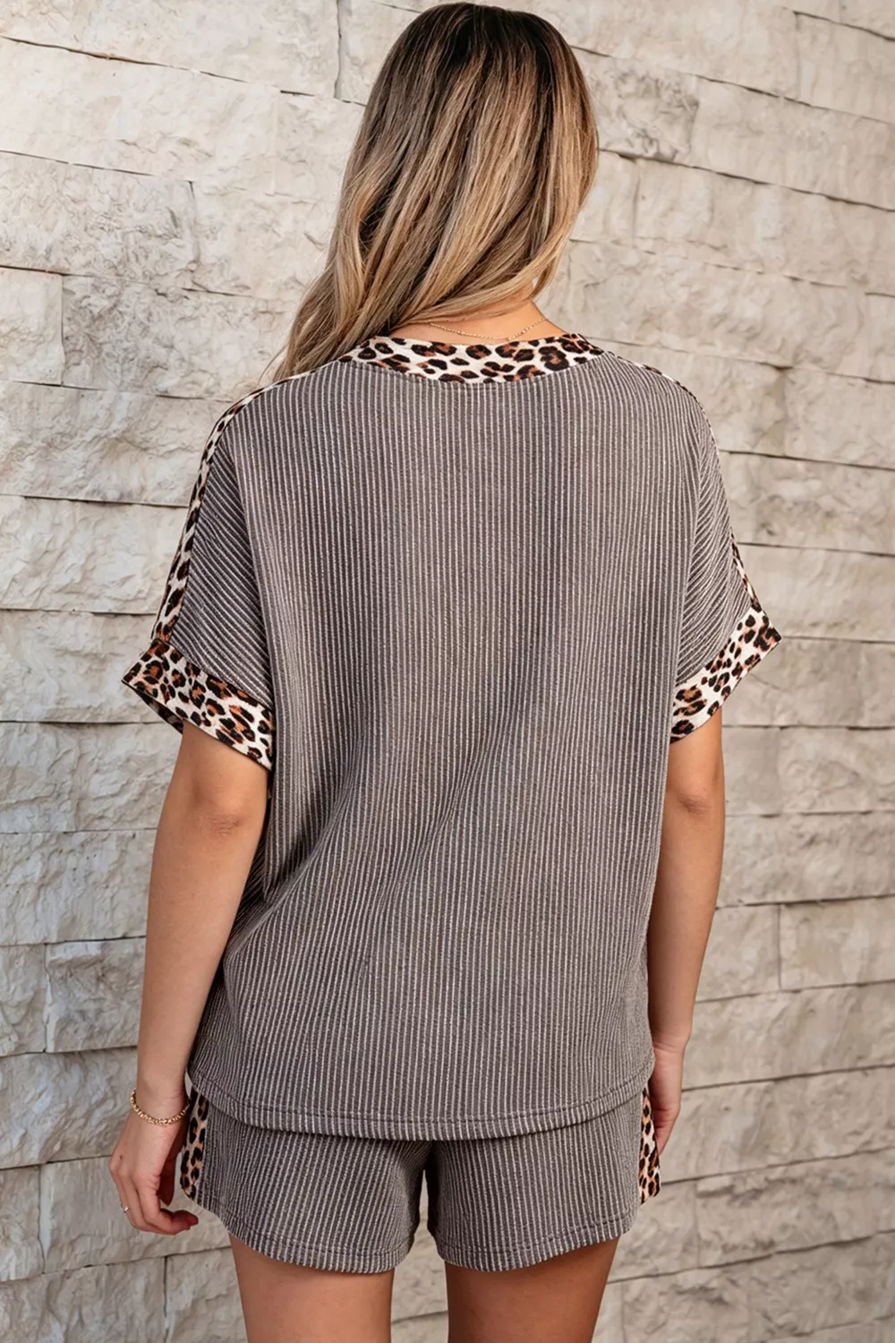Leopard Trim Ribbed Knit Tee and Shorts Set, image 2