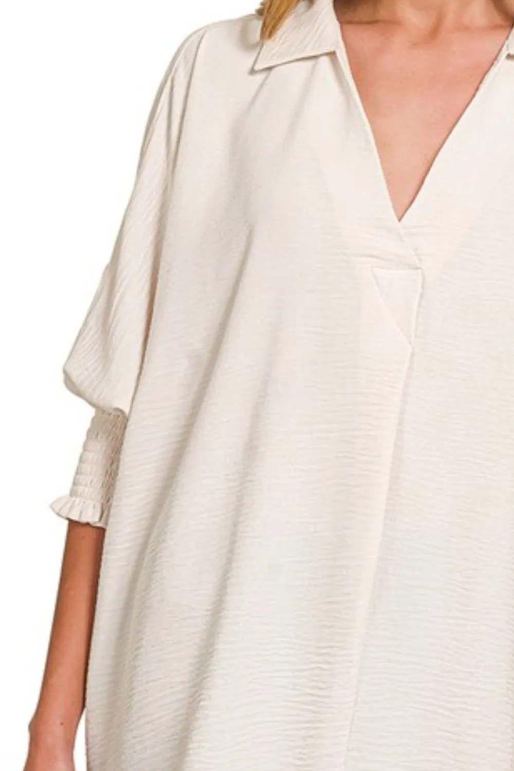 Airflow Collar Tee with Smocked Sleeve Band Top, image 3