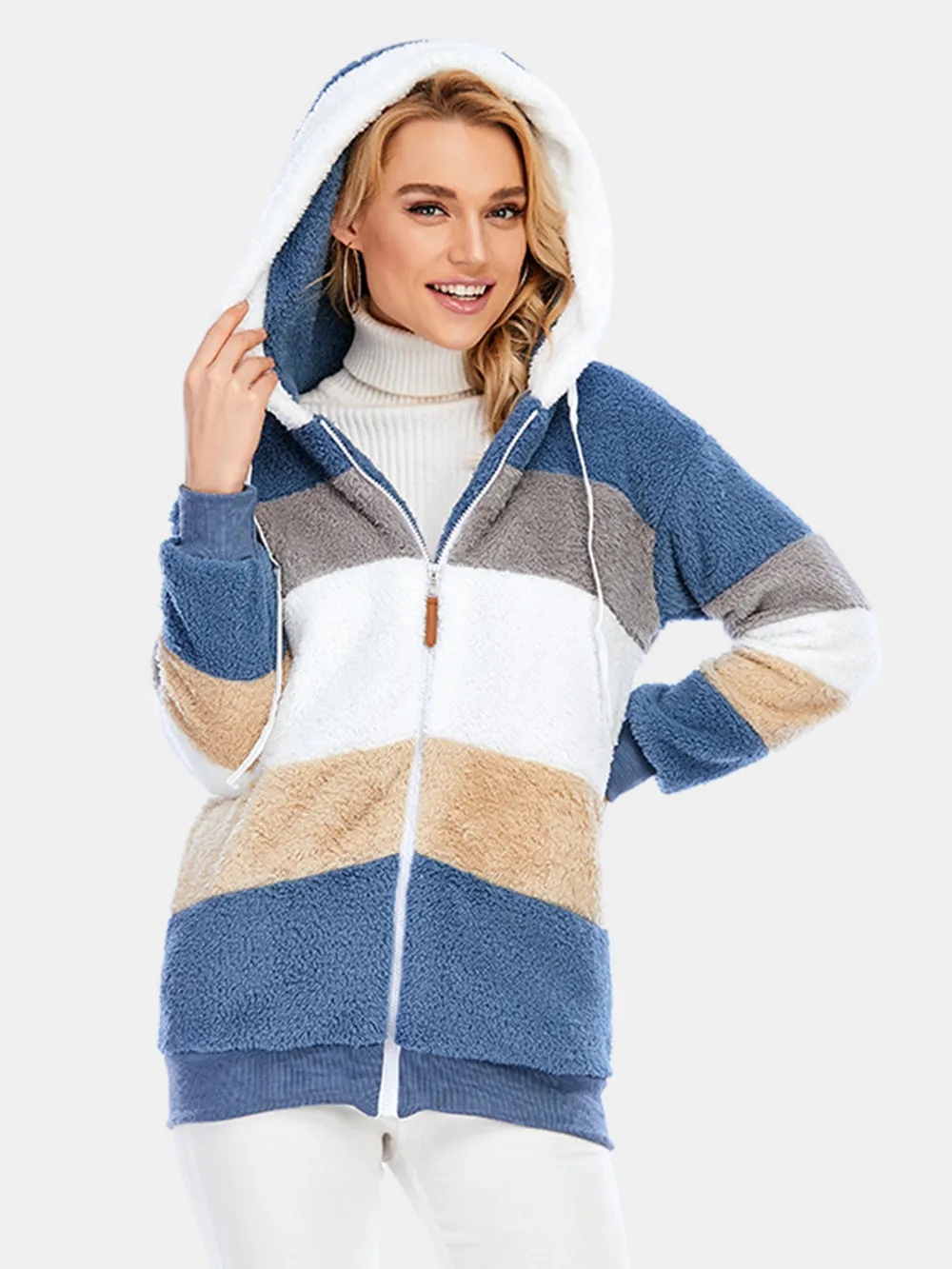 Full Size Drawstring Color Block Zip Up Hooded Outerwear, image 9