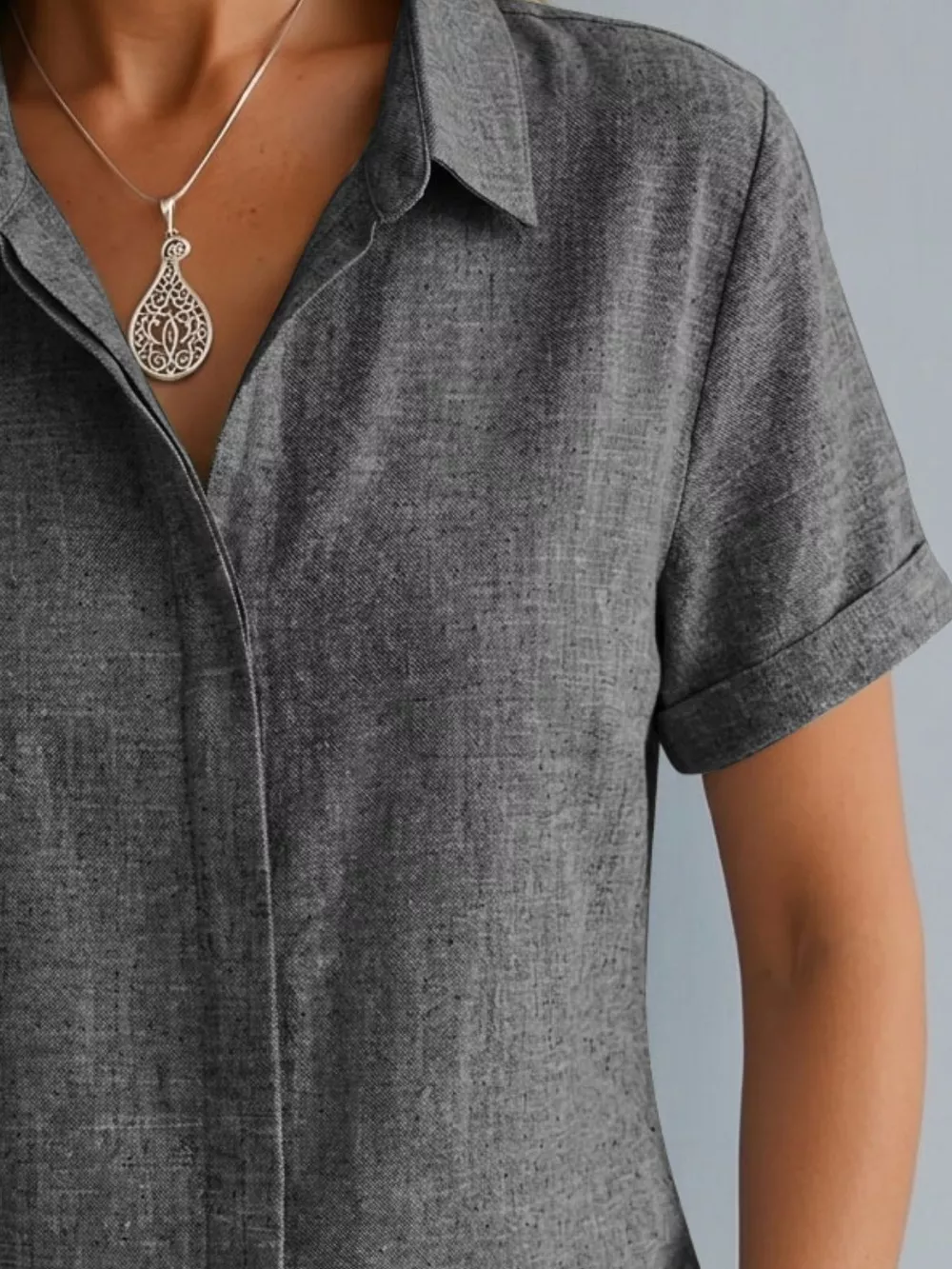 Full Size Collared Neck Short Sleeve Shirt Plus Size, image 6