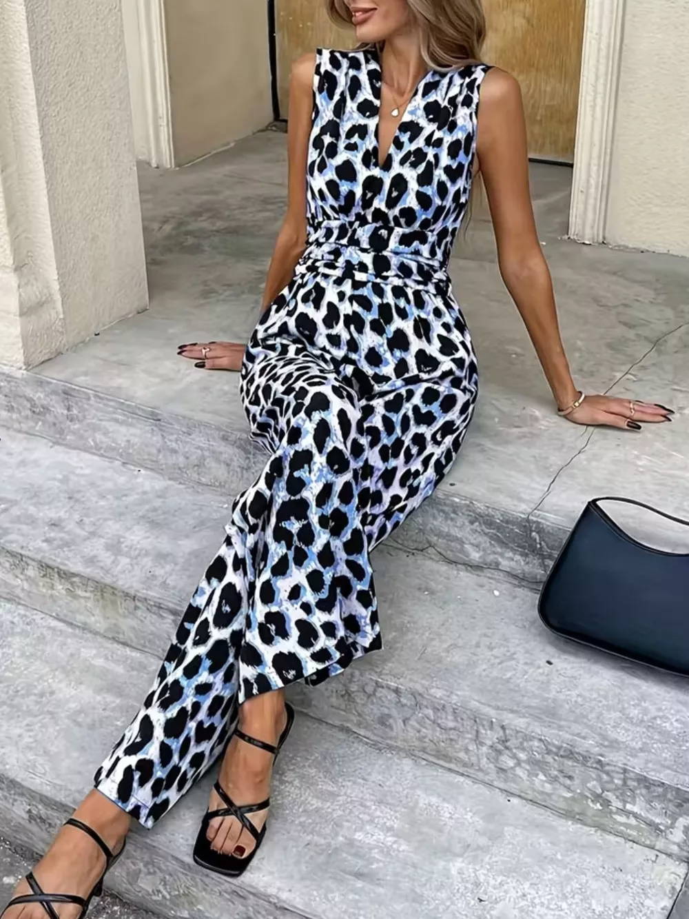 Sleeveless V-Neck Leopard Print Wide Leg Jumpsuit, image 12