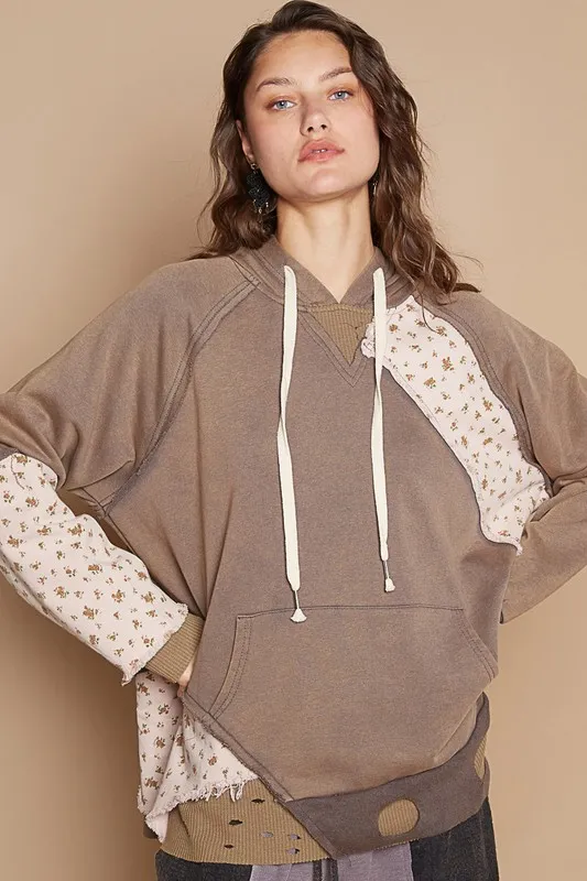 Floral Patchwork Distressed Drawstring Hoodie, image 4