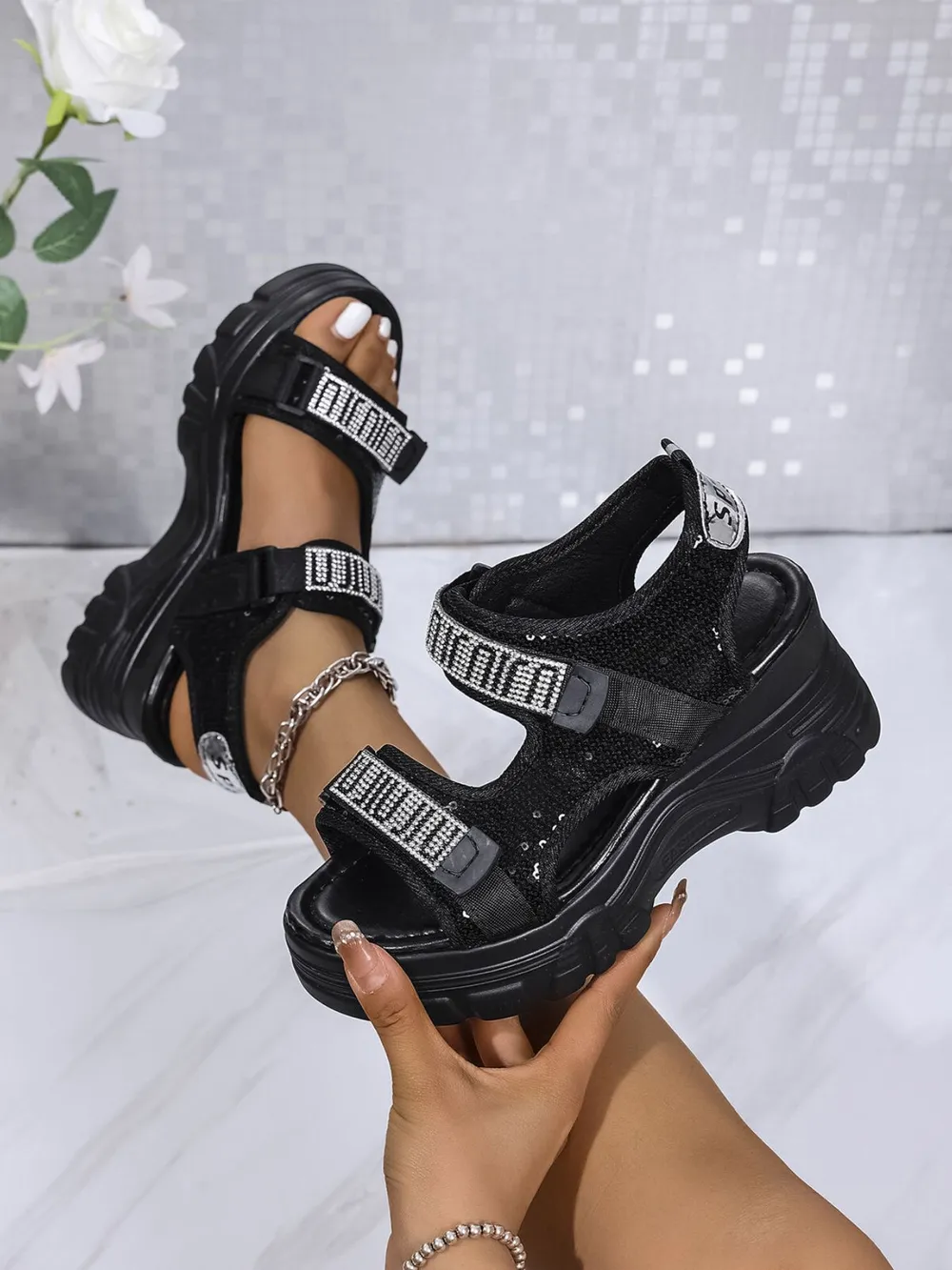 Rhinestone Open Toe Wedge Sandals, image 4