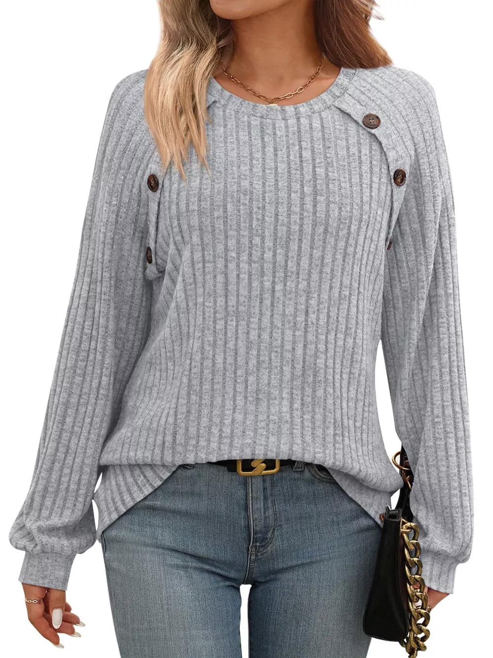 Ribbed Knit Decor Button Long Sleeve T-Shirt, image 13