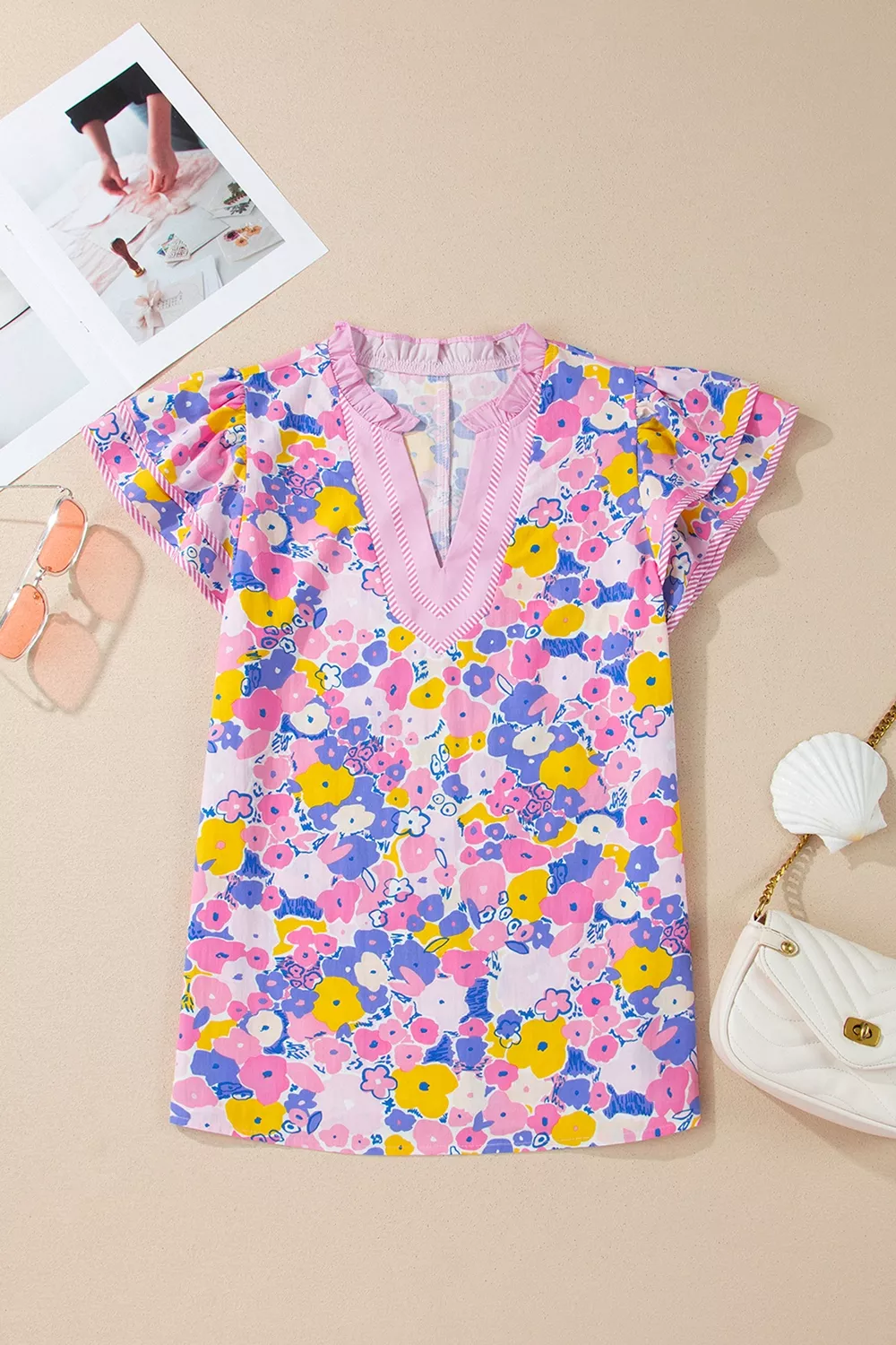 Floral Print Striped Color Block Patchwork V Neck Flutter Sleeve Blouse, image 3